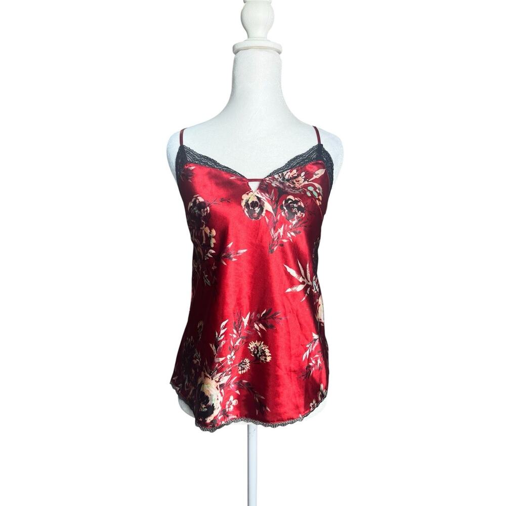 Red Satin Womens Floral Lace Trim Cami Top Strappy Back Romantic Date Night XS